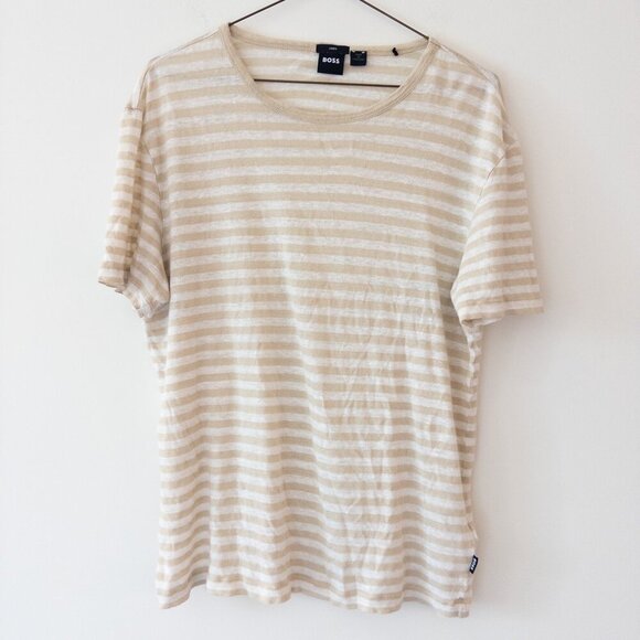 Hugo Boss Tiburt Stripe Linen T-shirt 100% Linen, Open White Size M - Picture 5 of 11